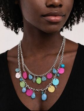 Colorful Multilayered Charm Necklace – Silver Chain Statement Piece